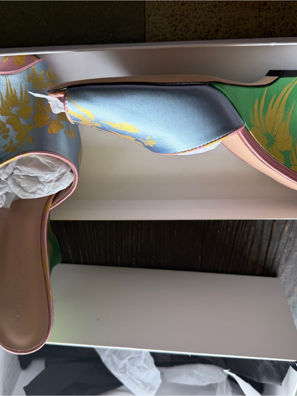 Cynthia Rowley Blue and Yellow Floral Satin Wedge Mules with Pink Trim - Picture 4 of 9